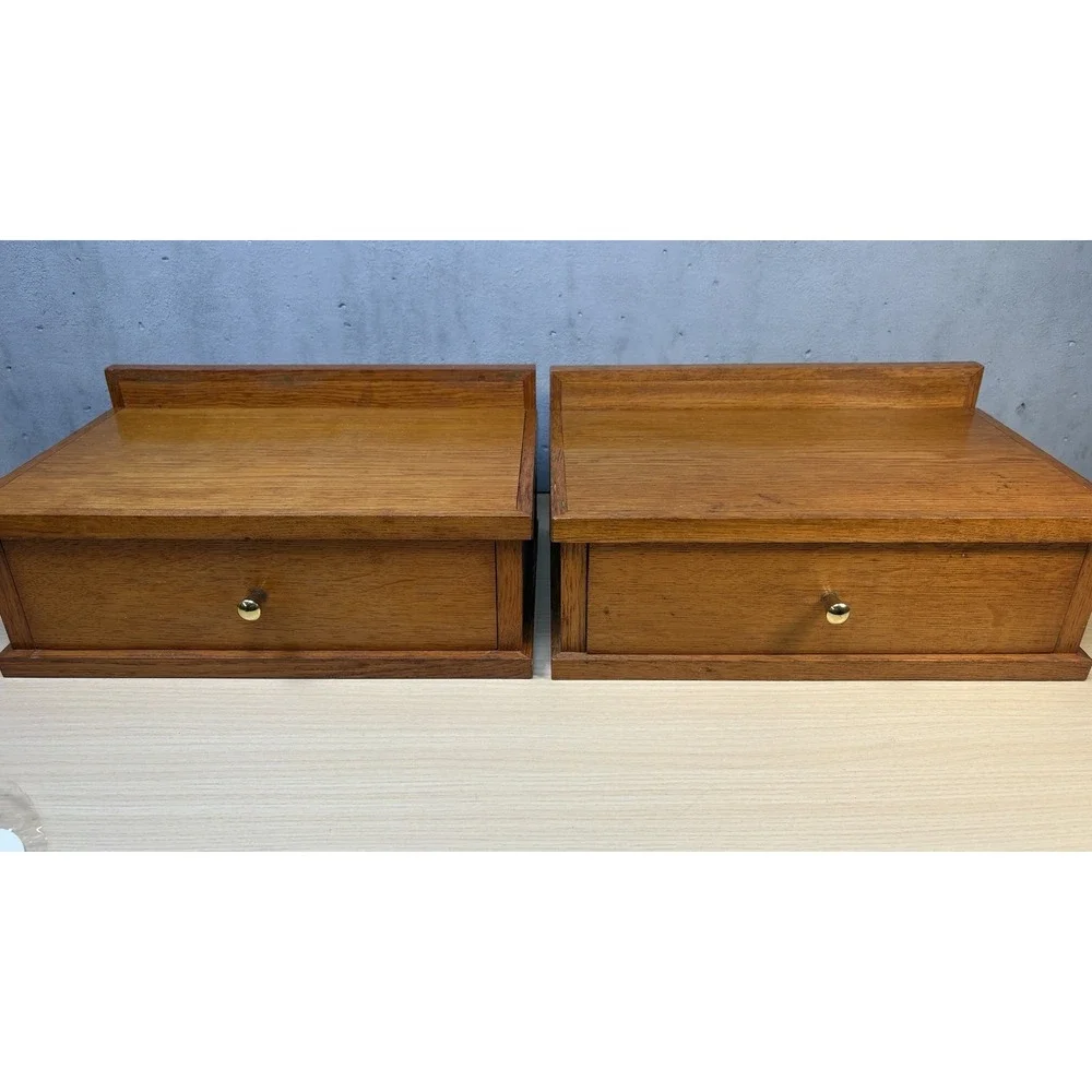 2 Vintage Scandinavian-style wooden shelf small desk organizer Brass Knob Oak
